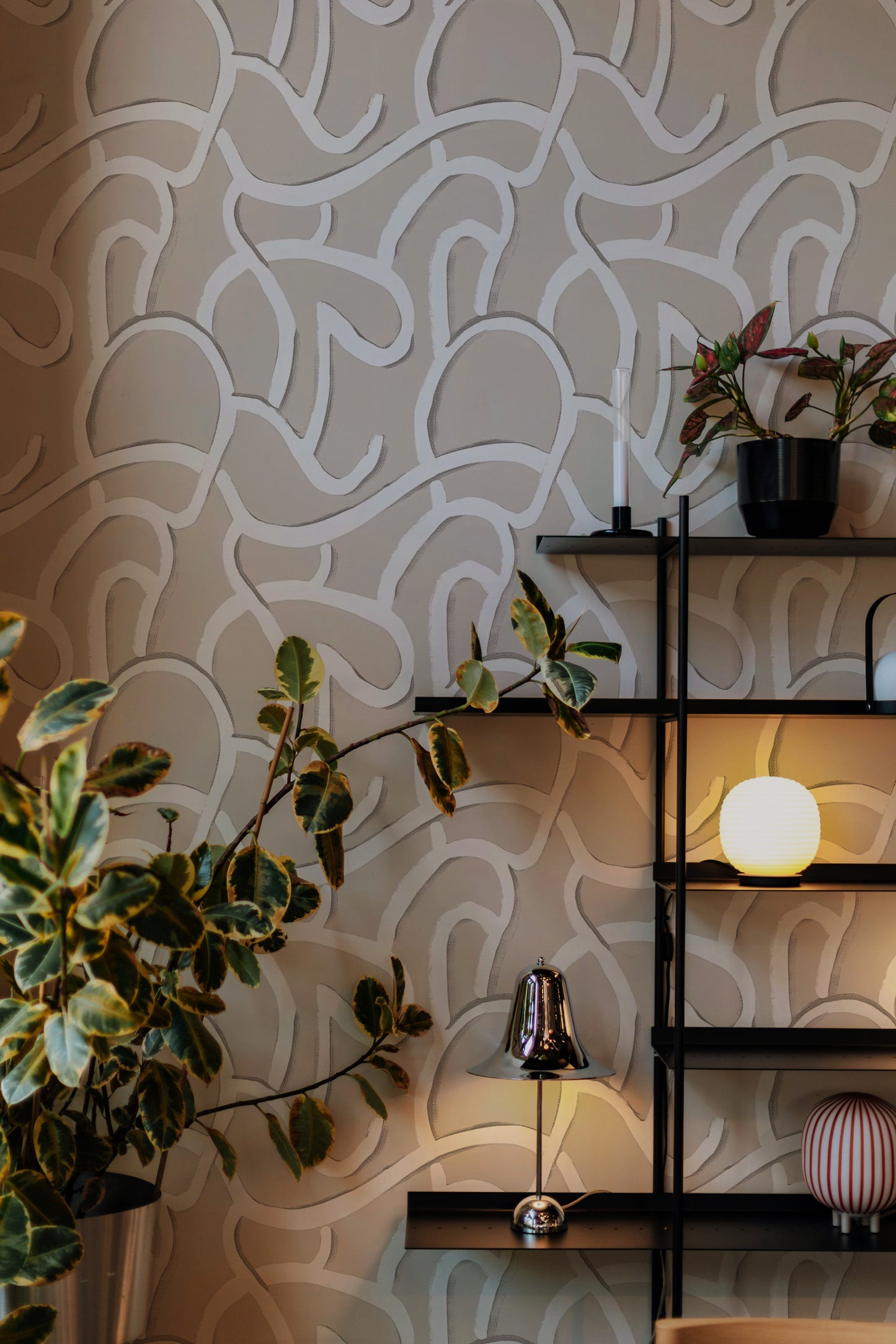 Beige White and Black Geometric Peel and Stick Wallpaper in the Dark