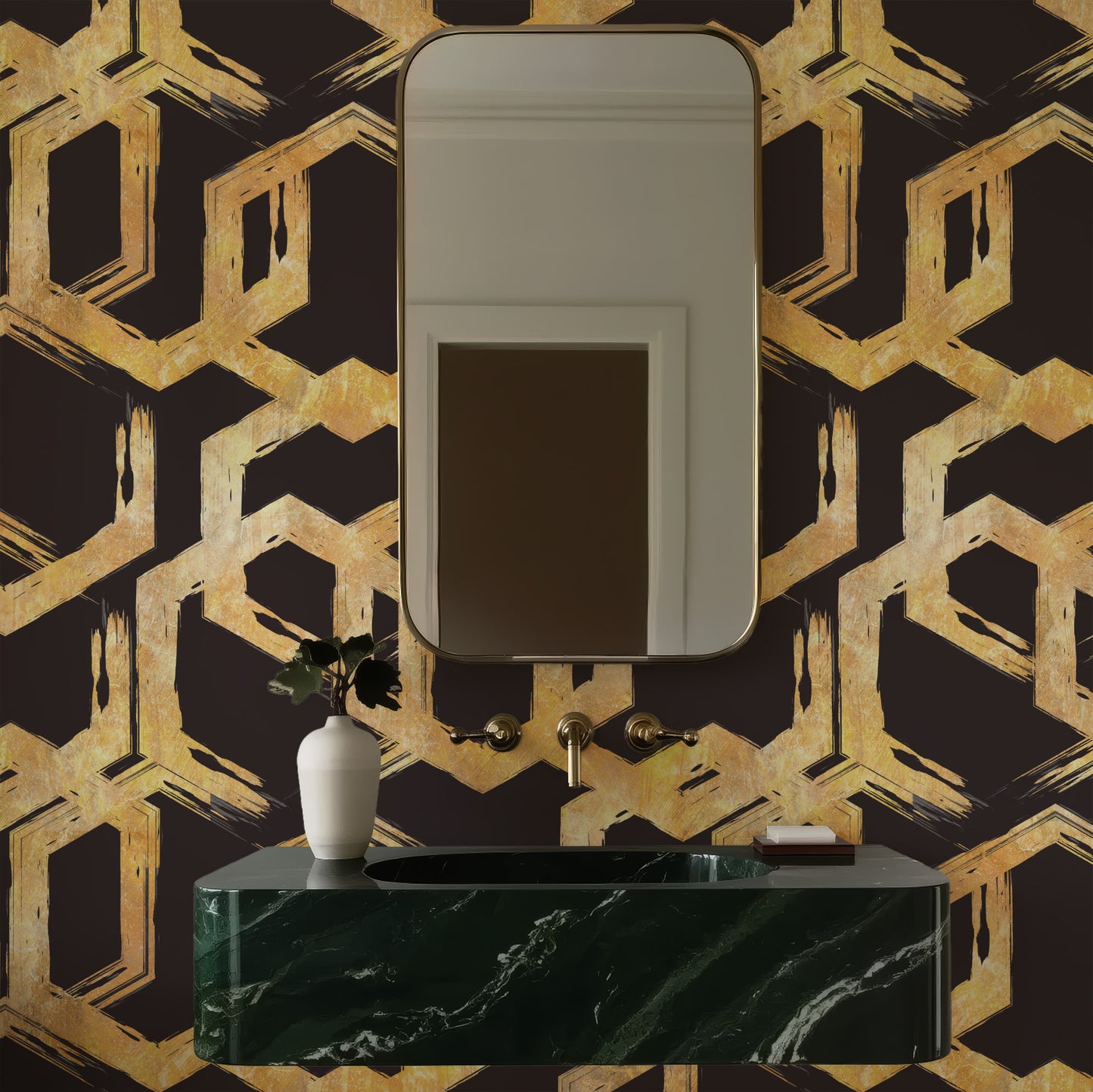 art deco gold and black geometric peel and stick wallpaper