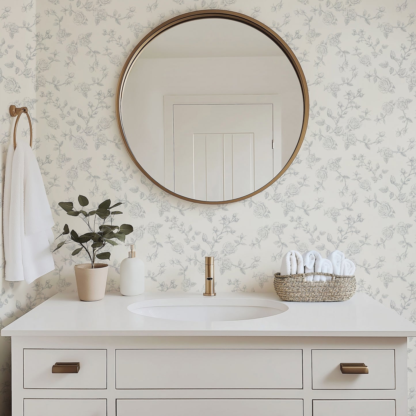 grey rose toile peel and stick wallpaper bathroom