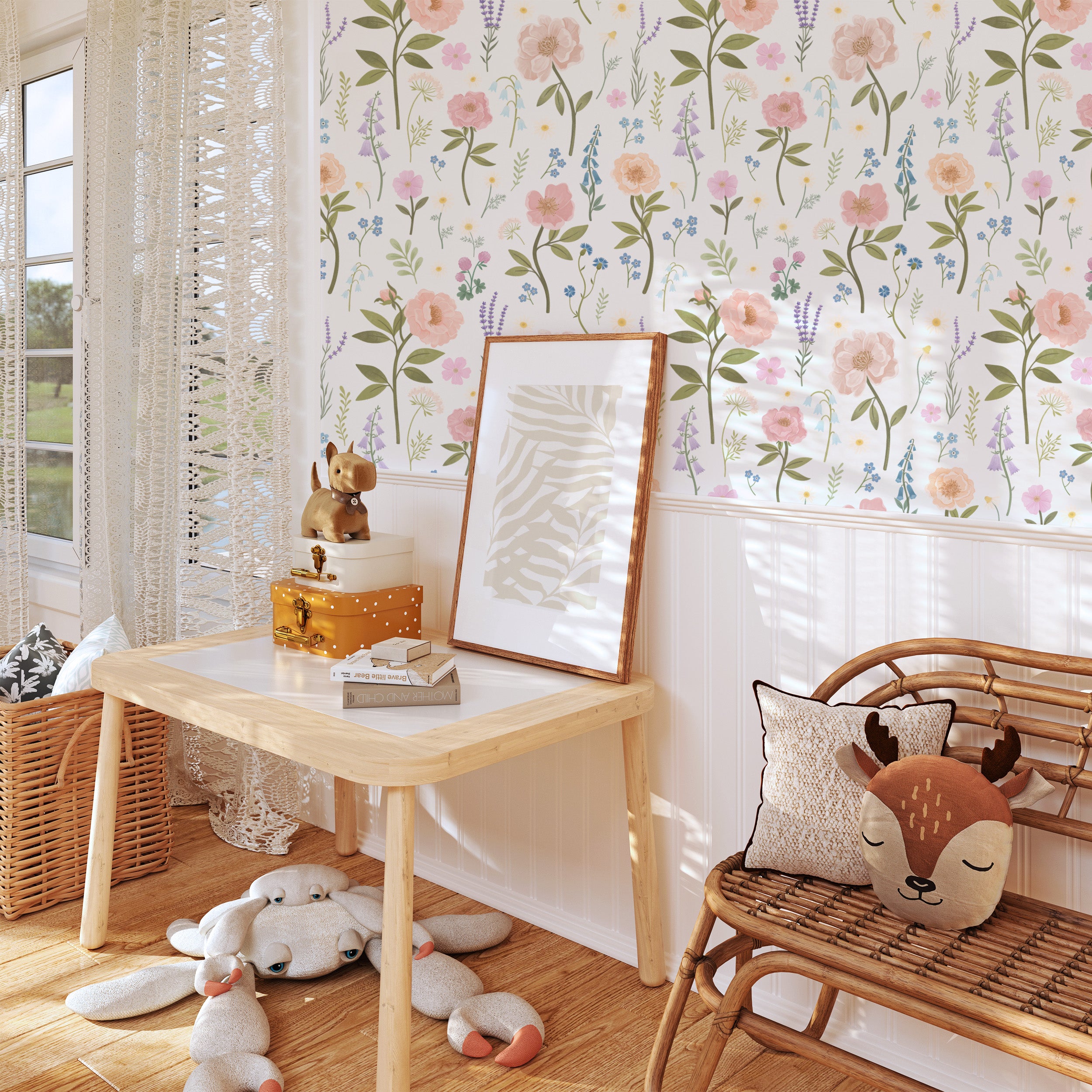 Pink Floral on White Nursery Wallpaper - Peel and Stick Wallpaper for ...