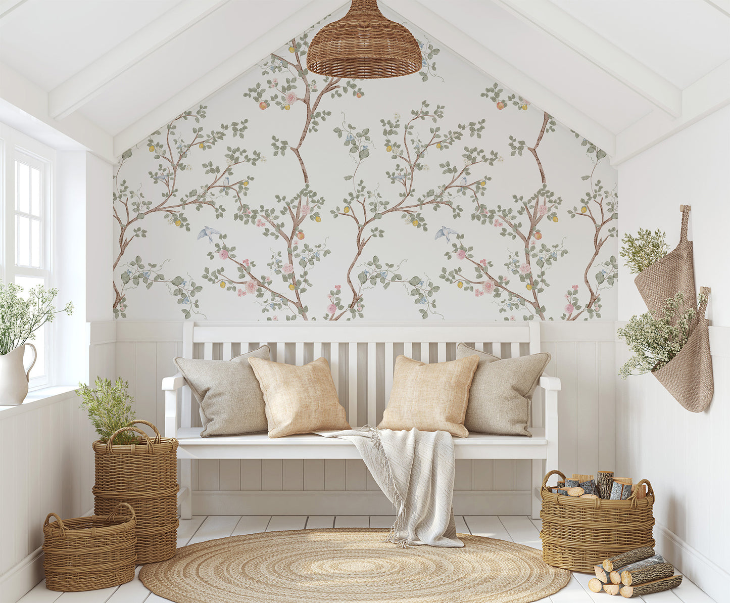 Nestled cabin interior with Chinoiserie floral wall design, white bench, and decorative elements.