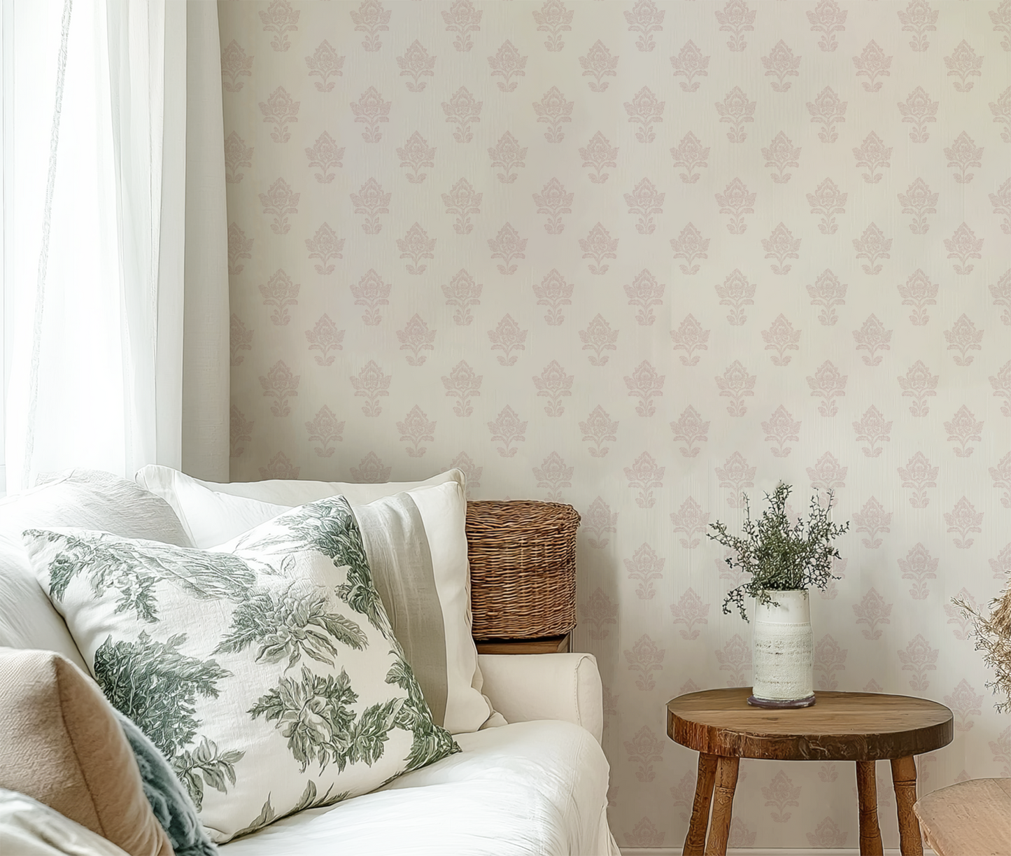 Pink Floral Block Print peel and stick wallpaper living room