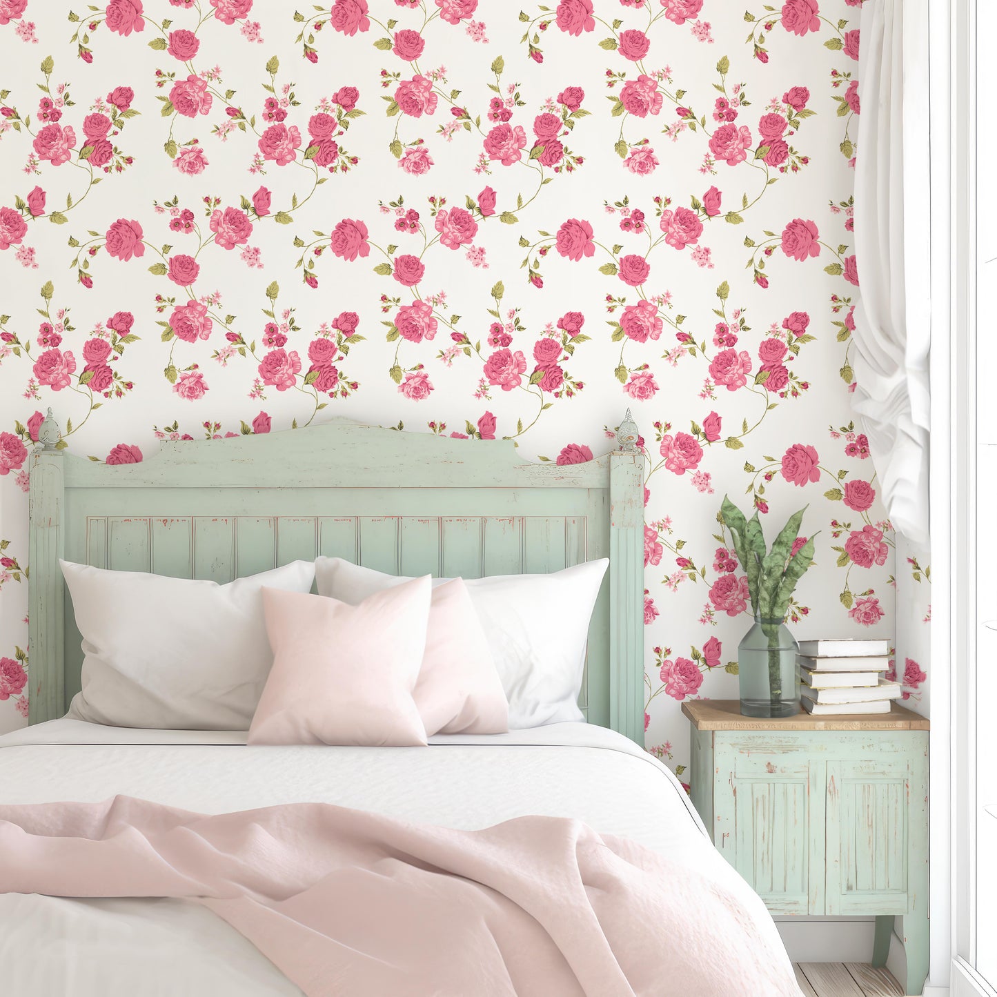 farmhouse rose vintage self adhesive wallpaper in the bedroom