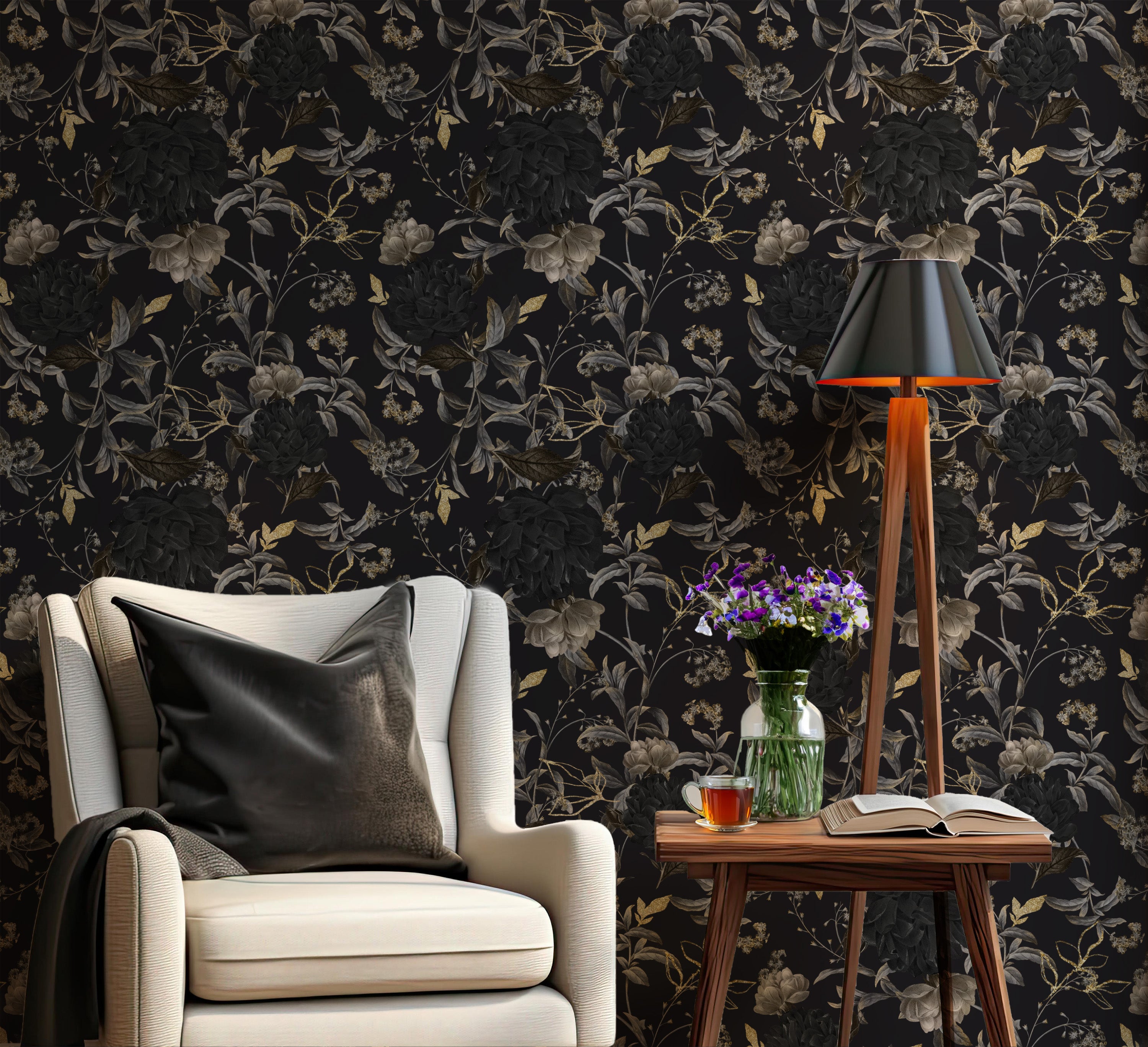 Black And Gold Removable Wallpaper Gothic Floral Peel And Stick 