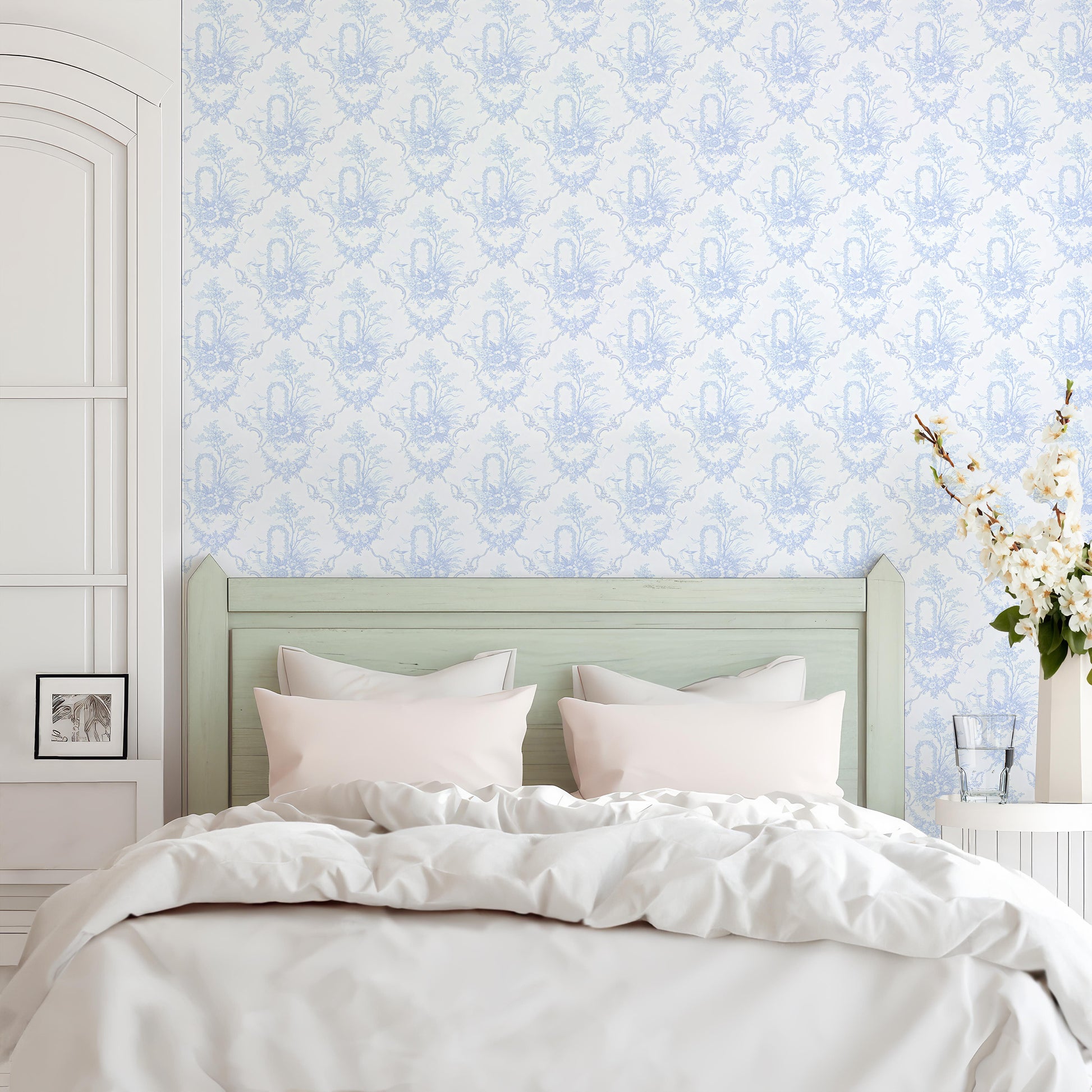 blue damask farmhouse self adhesive wallpaper in US