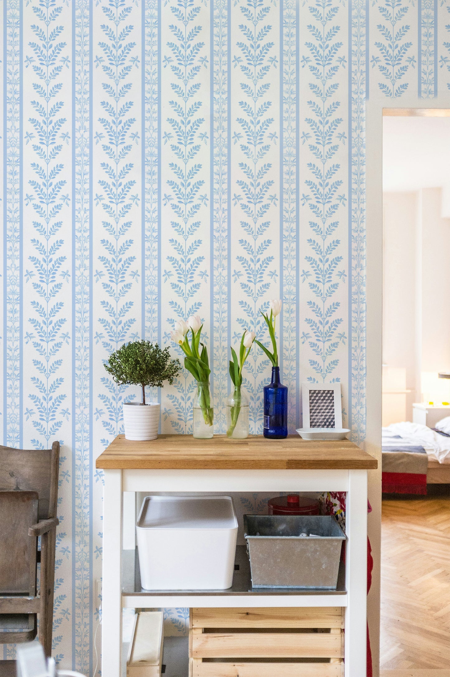 blue botanical stripe wallpaper RollsRolla