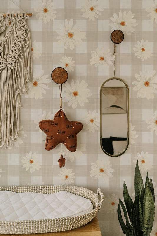 Daisy Gingham Plaid beige peel and stick wallpaper by RollsRolla