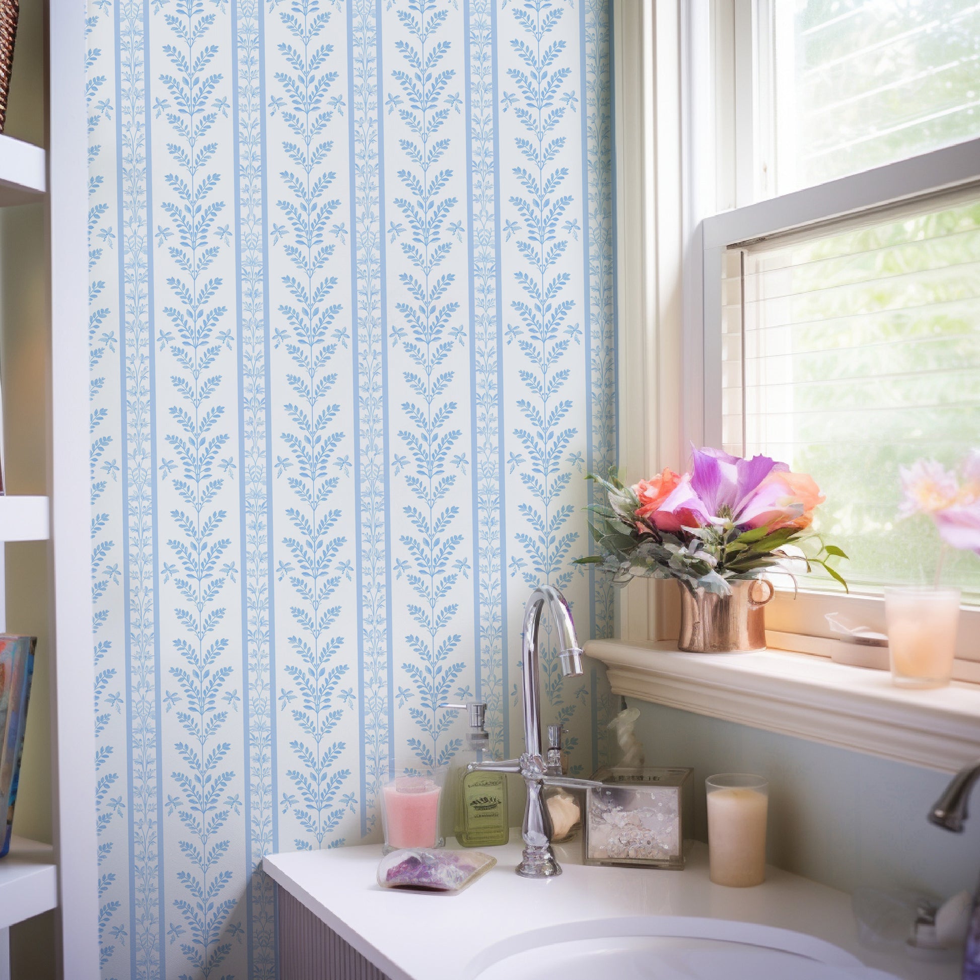 blue botanical stripe wallpaper RollsRolla