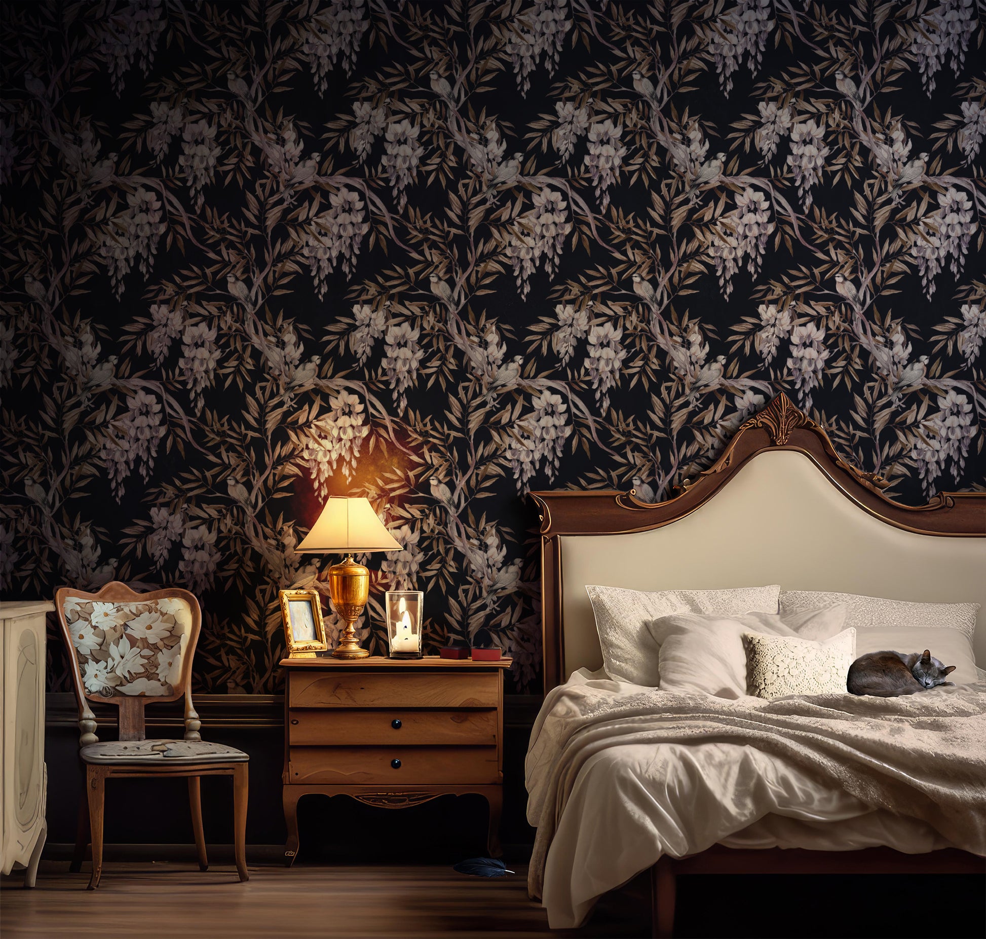 Parisian Apartment Inspired Dark Moody Removable Wallpaper in a lit bedroom | Canada