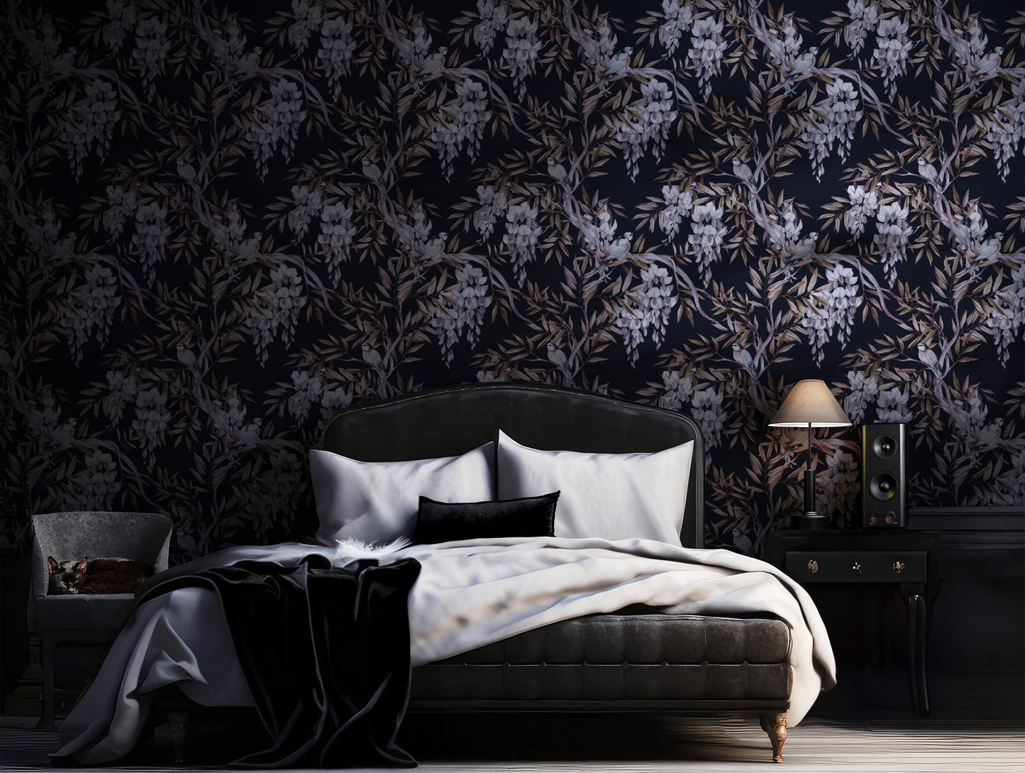 Parisian Apartment Inspired Dark Moody Removable Wallpaper in the bedroom | Canada