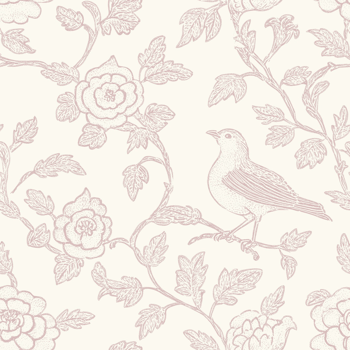 Pink Bird and Floral Peel and Stick Wallpaper
