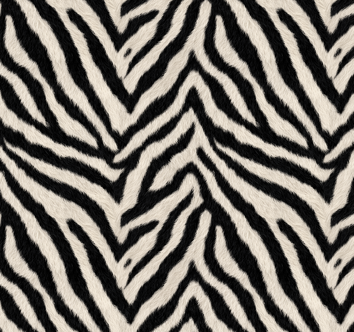 Black and off-white zebra print faux fur fabric texture with a repeating chevron pattern.