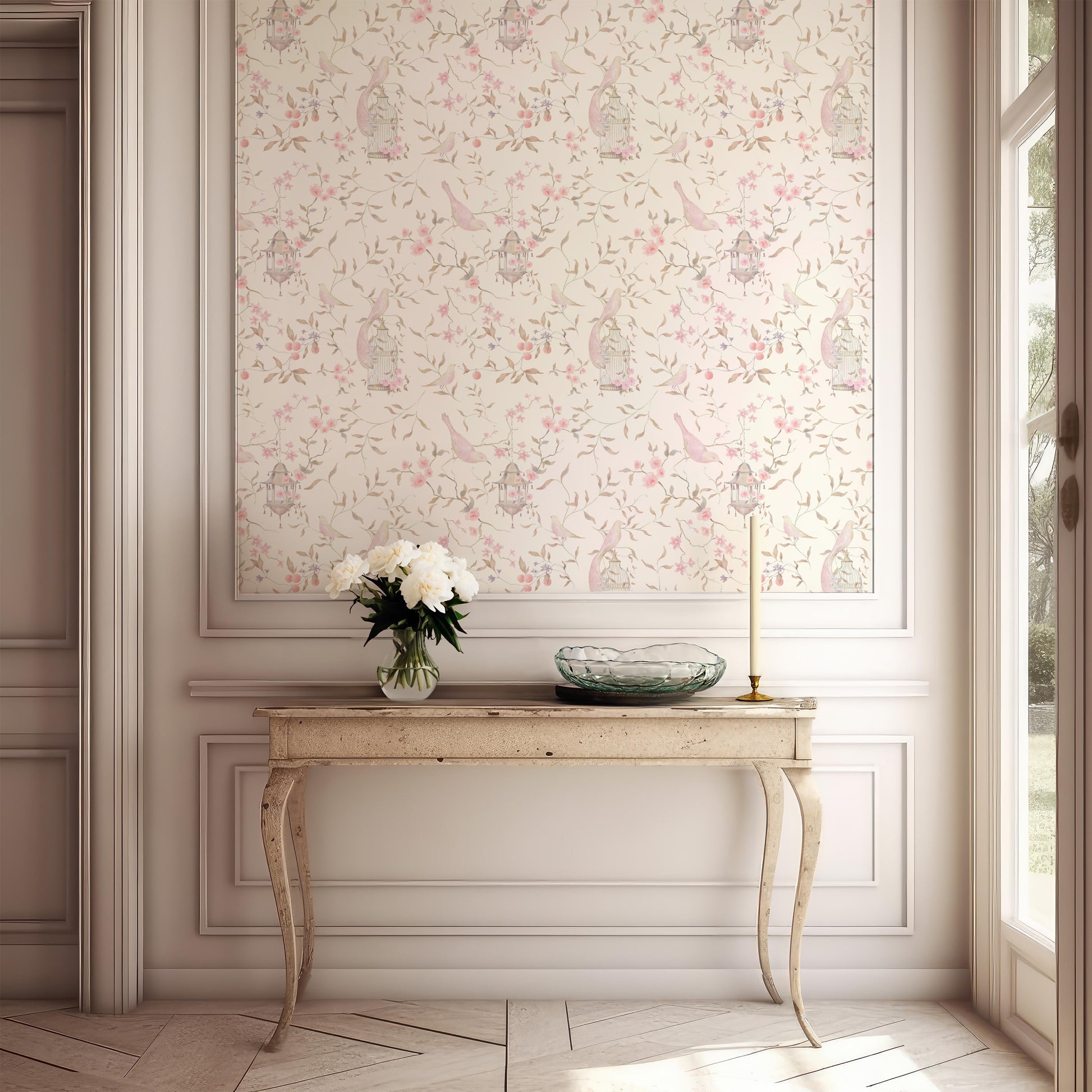 farmhouse pink and white wallpaper