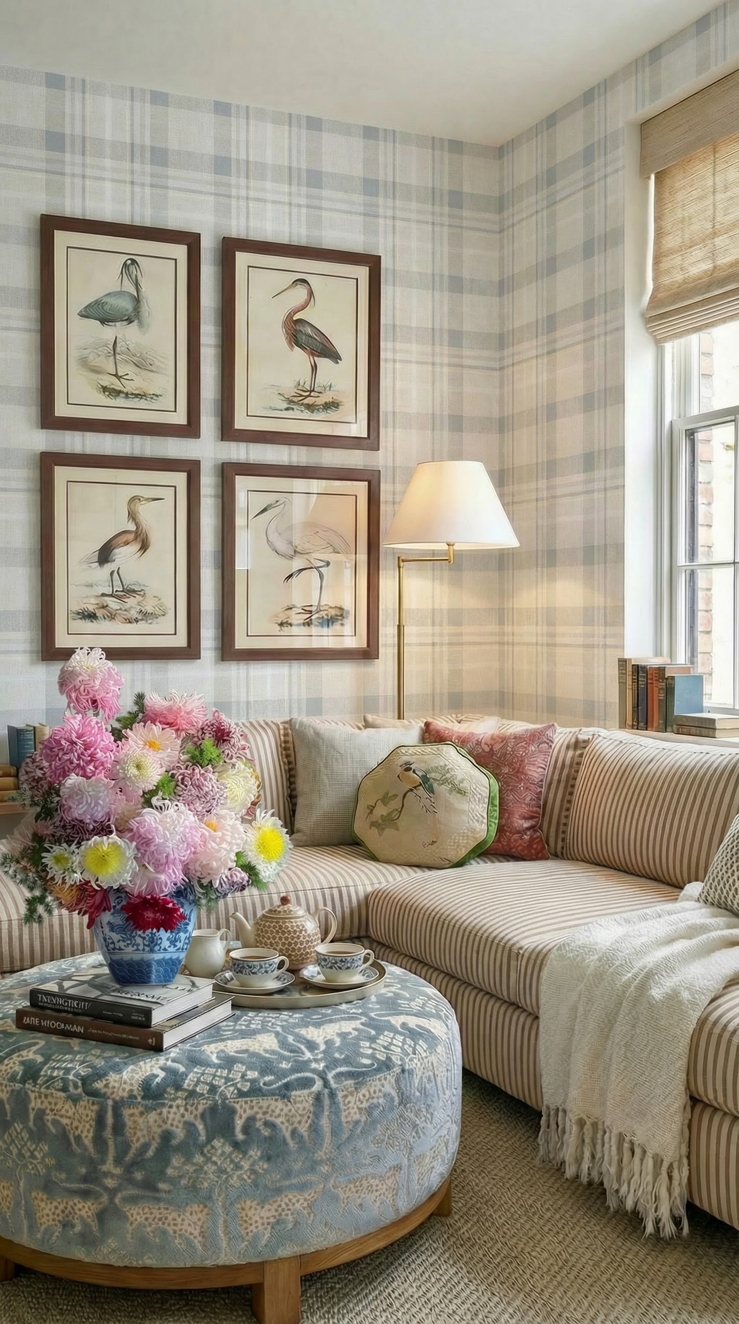 blue and white tartan peel and stick wallpaper living room