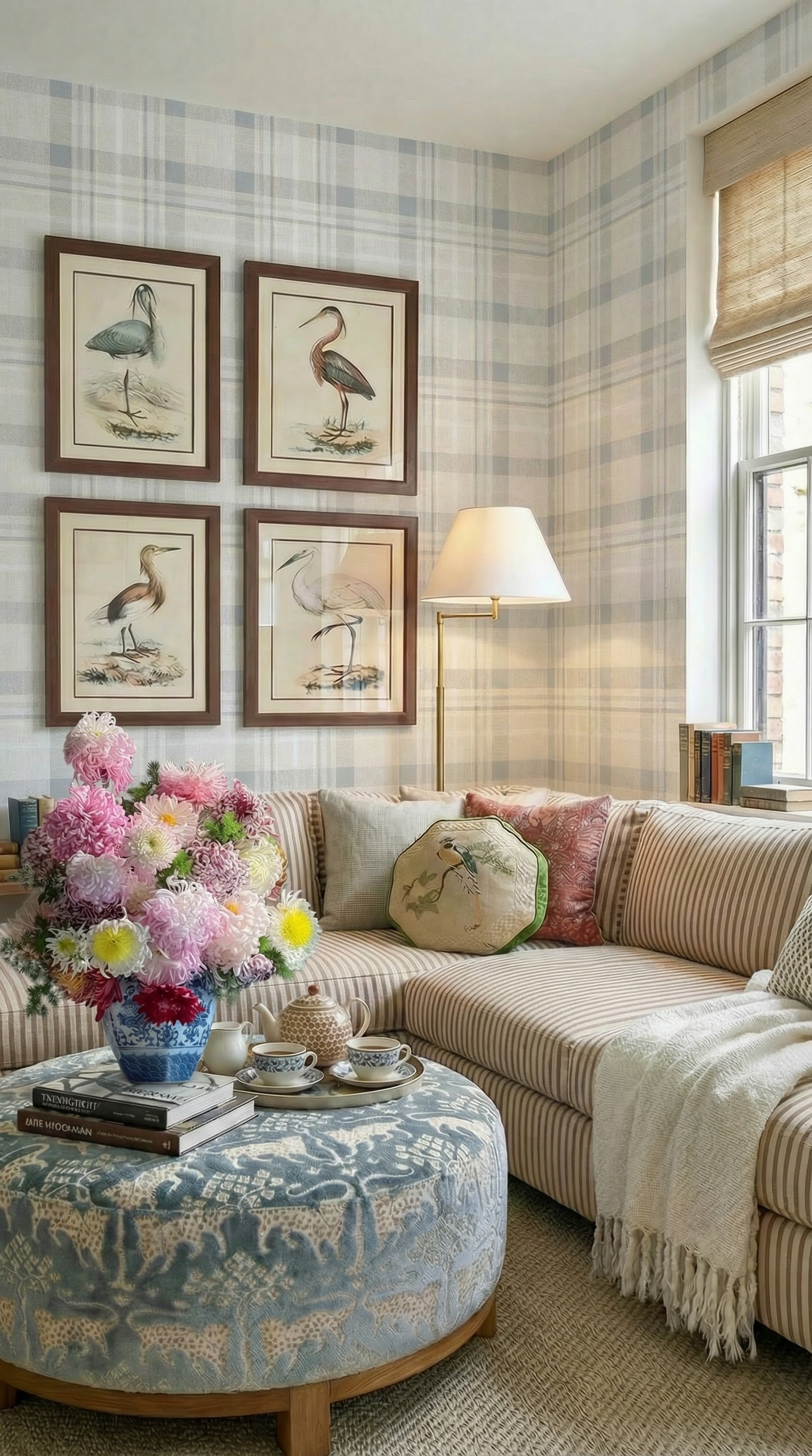 blue and white tartan peel and stick wallpaper living room