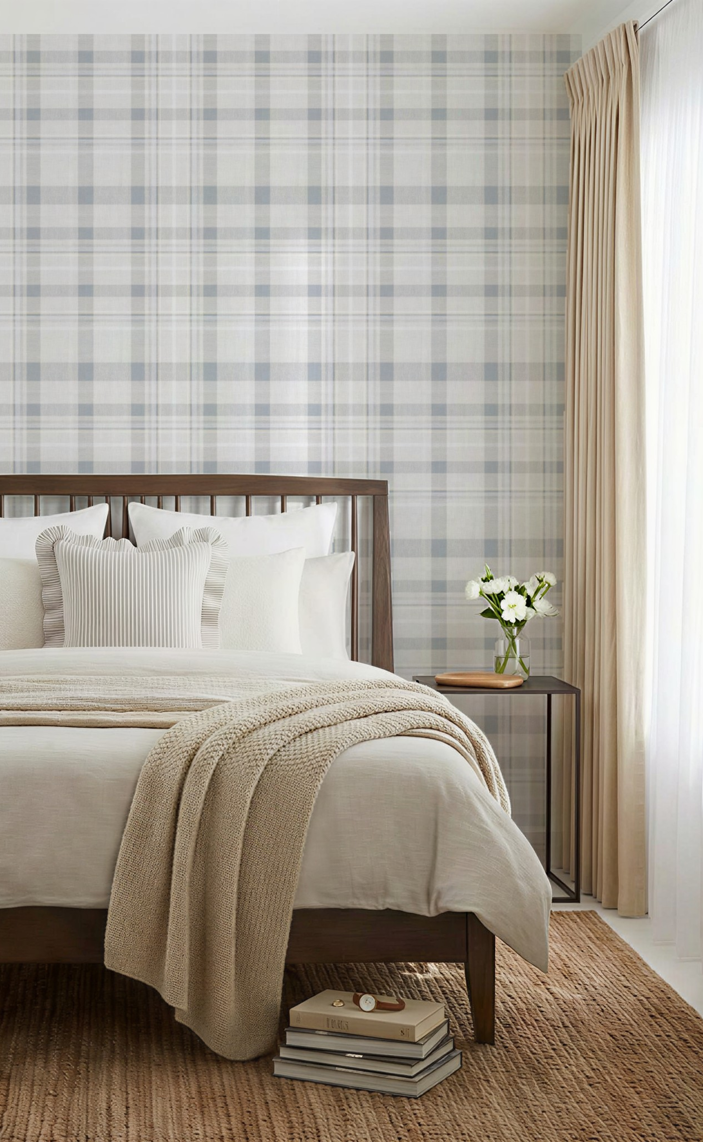 blue and white plaid peel and stick wallpaper bedroom