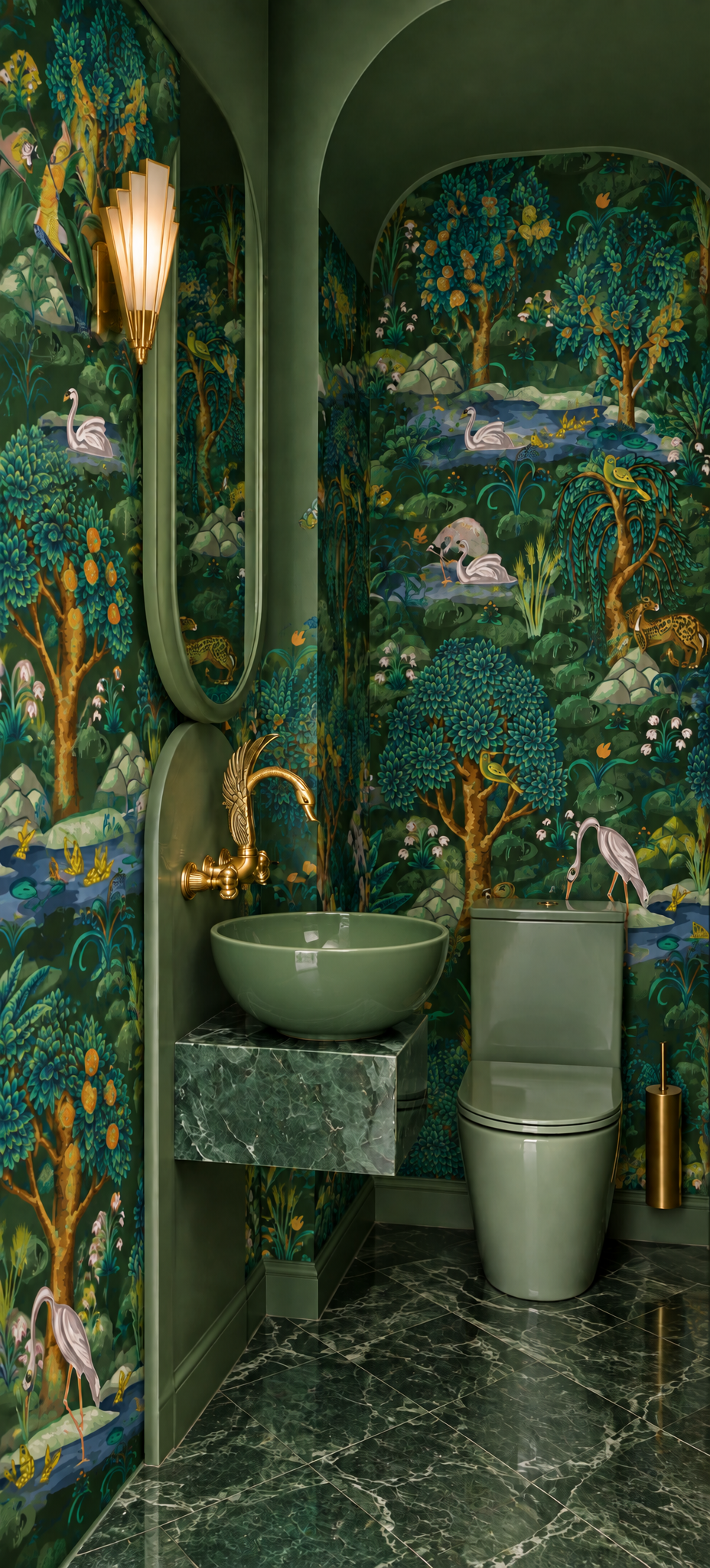 Art Deco powder room with dark green verdure tapestry wallpaper and architectural green fixtures