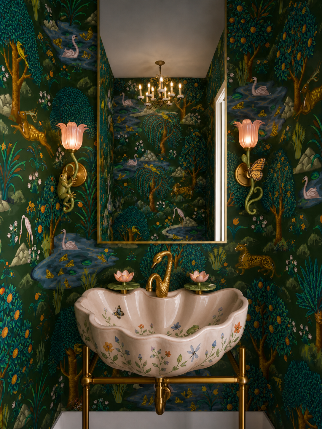 Whimsical powder room with dark green menagerie wallpaper, scallop shell sink, and floral wall sconces