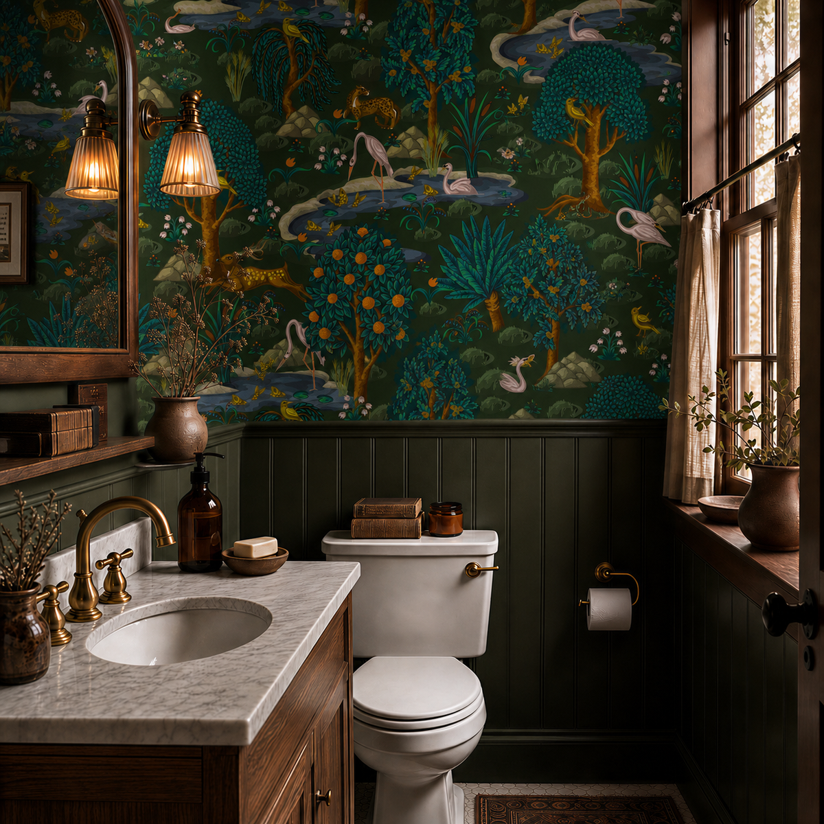 Dark Green Menagerie Tapestry Wallpaper above beadboard wainscoting in an atmospheric bathroom