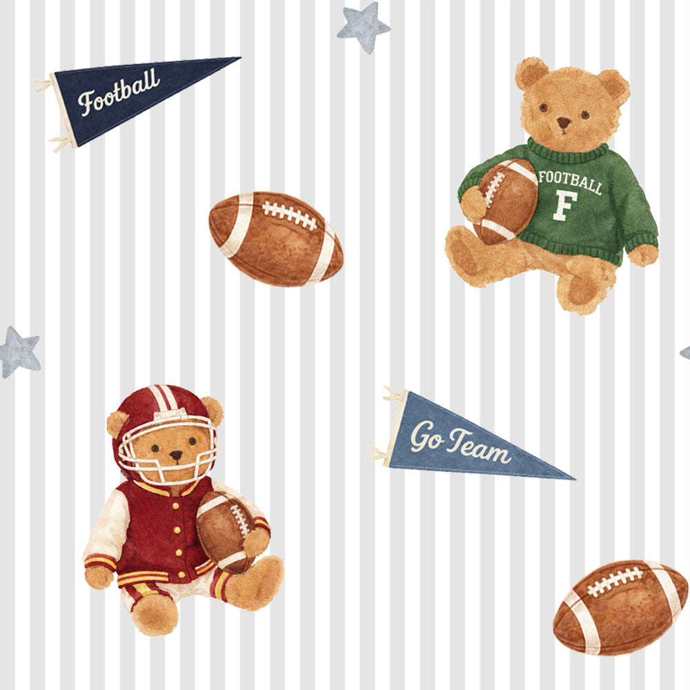 Wallpaper with teddy bears in sports-themed outfits and footballs on a striped background