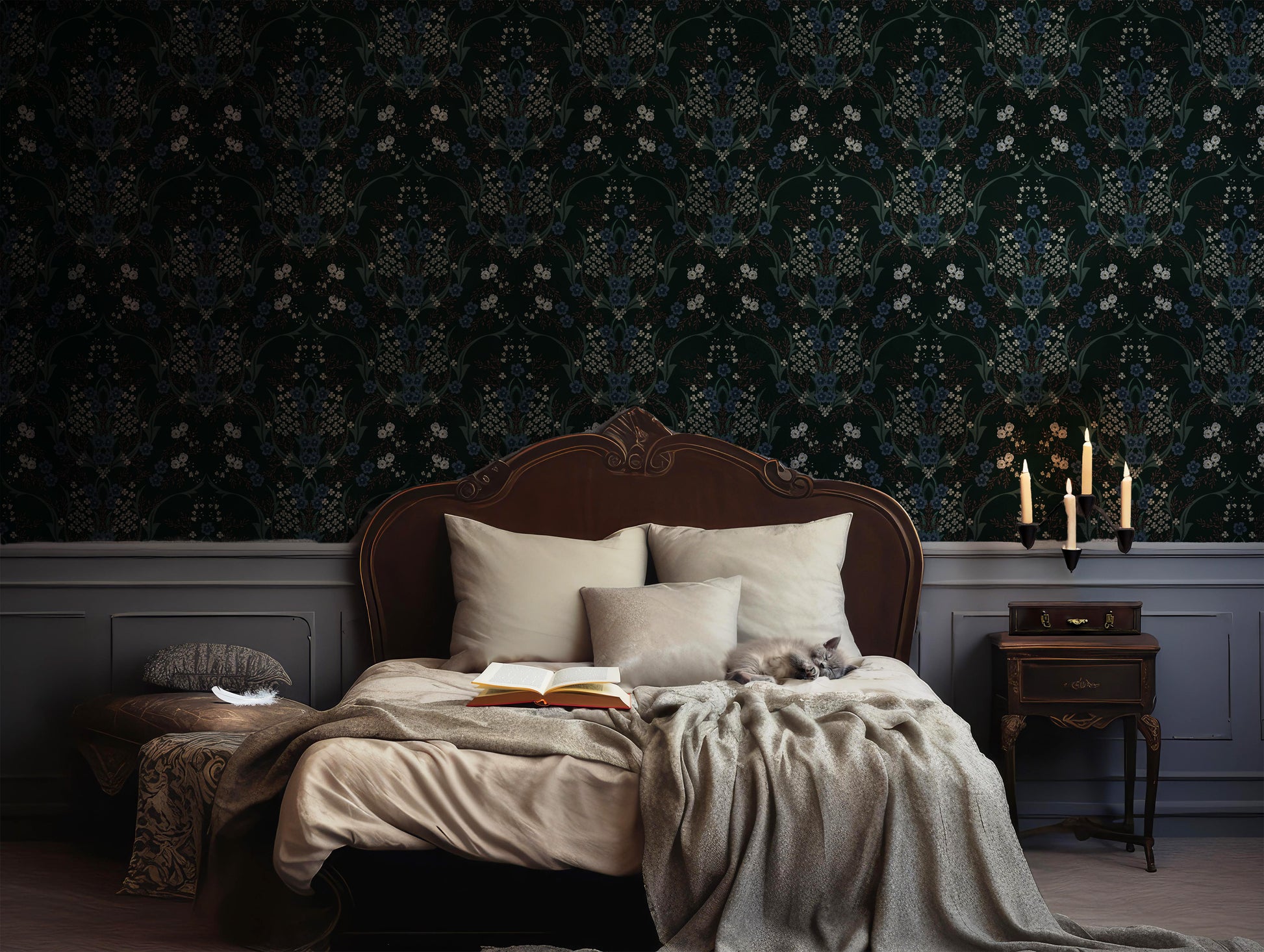 Dark Woodland peel and stick wallpaper bedroom view in US | RollsRolla