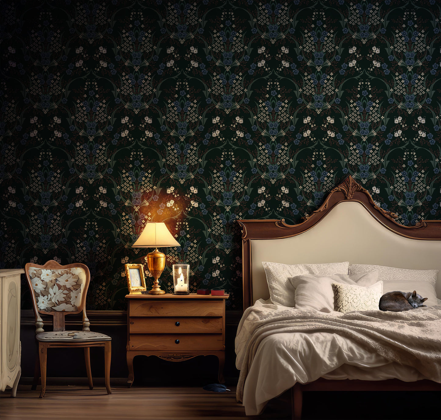 Dark Woodland peel and stick wallpaper in a bedroom in US | RollsRolla