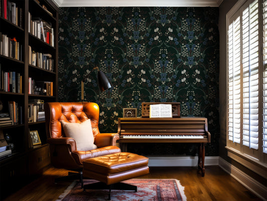 Dark Woodland peel and stick wallpaper in a personal library in US | RollsRolla