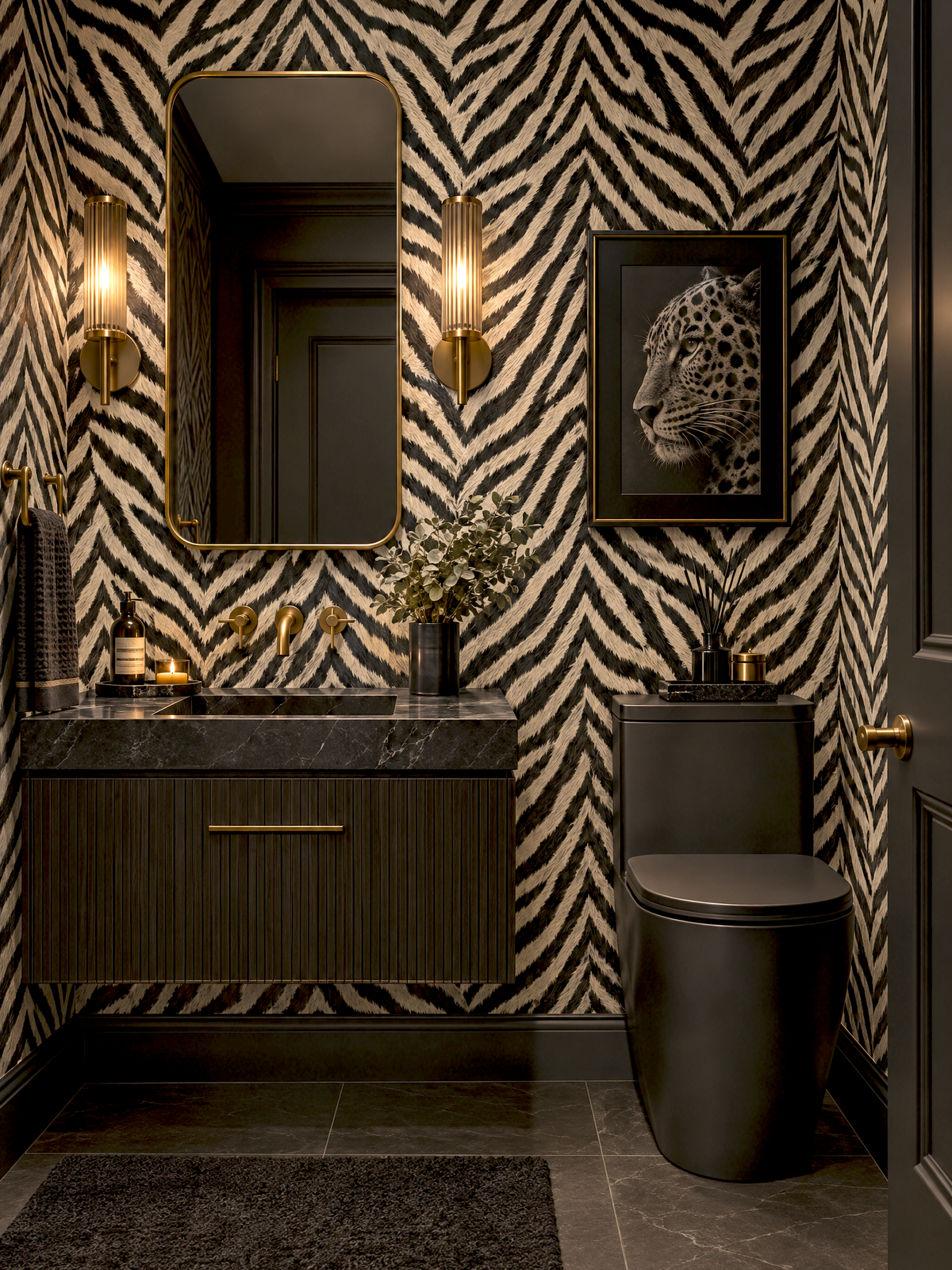 A luxury bathroom interior featuring bold black and beige zebra-patterned wallpaper, a floating dark wood vanity with a black marble sink, a black toilet, and a framed leopard print artwork on the wall.