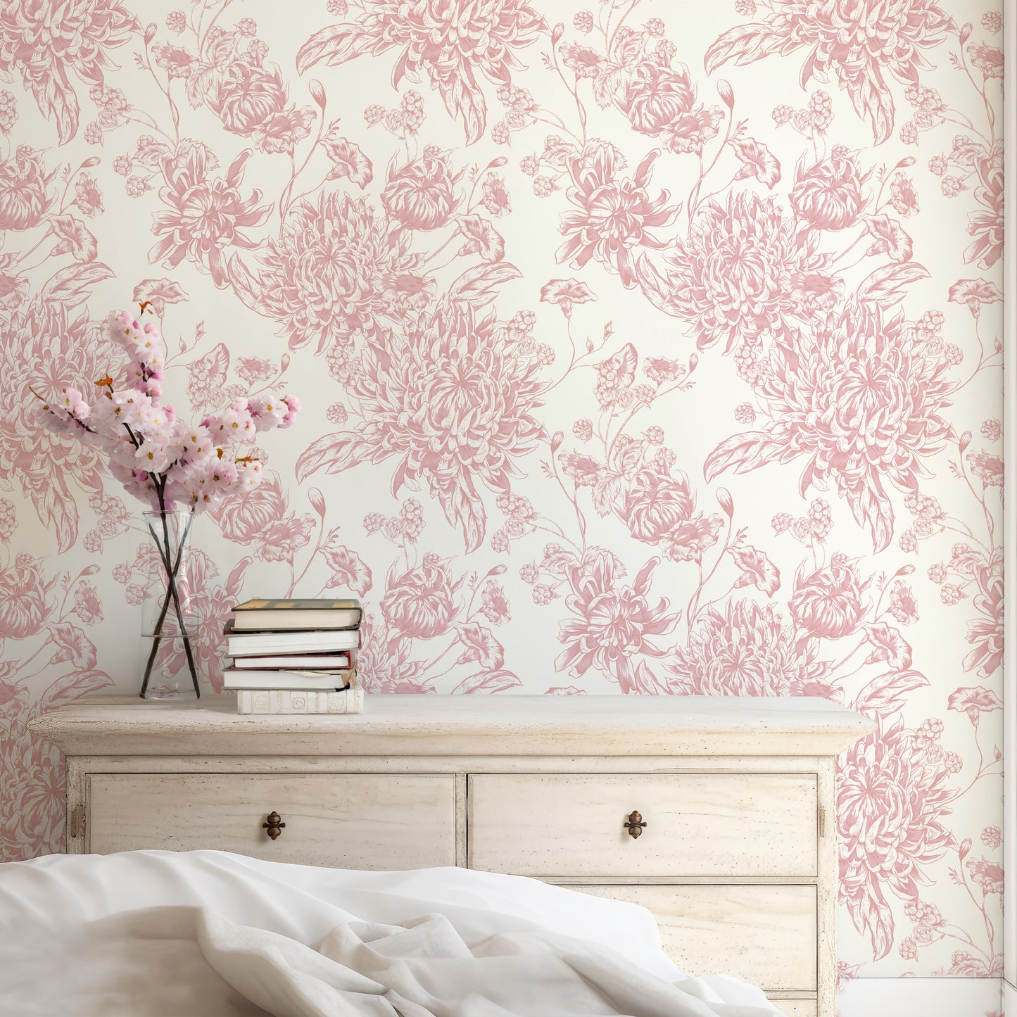 pink toile floral peel and stick wallpaper