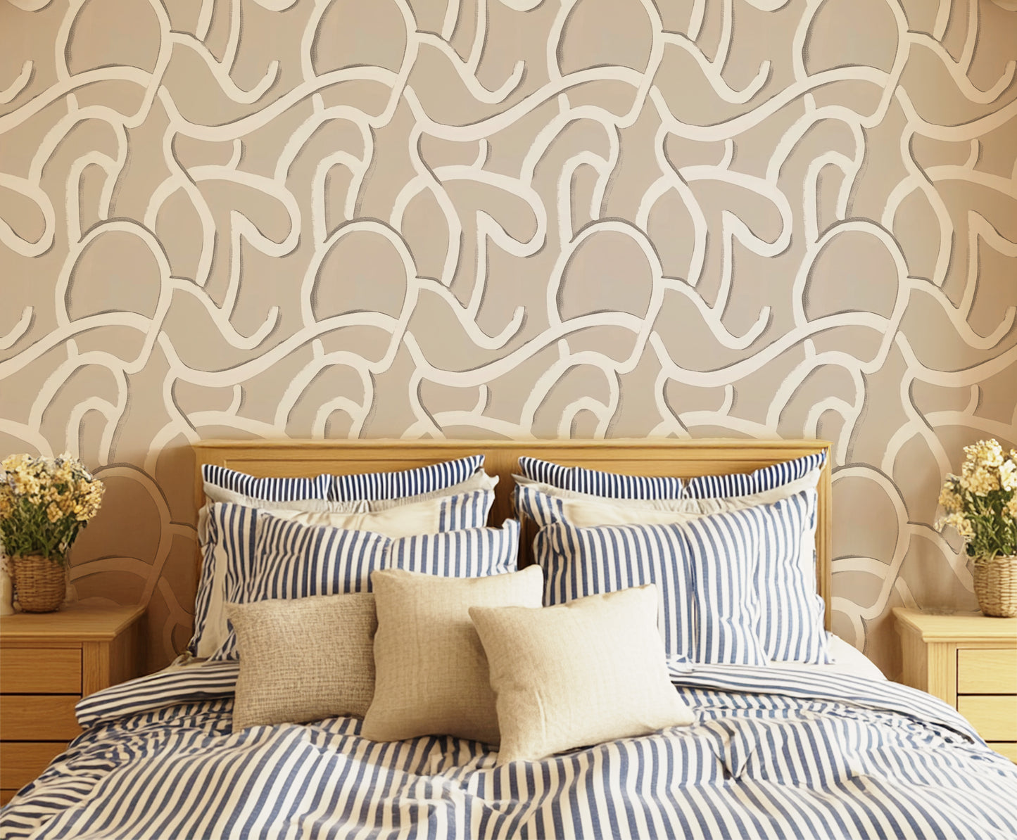 Beige White and Black Geometric Peel and Stick Wallpaper Bedroom