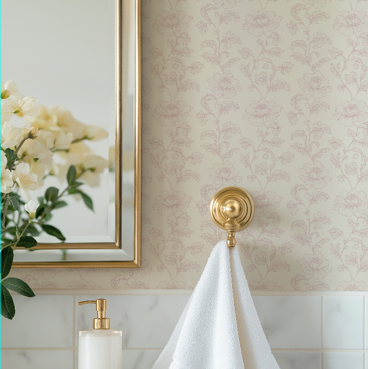 Chinoiserie Pink Flower Peel and Stick Wallpaper Bathroom