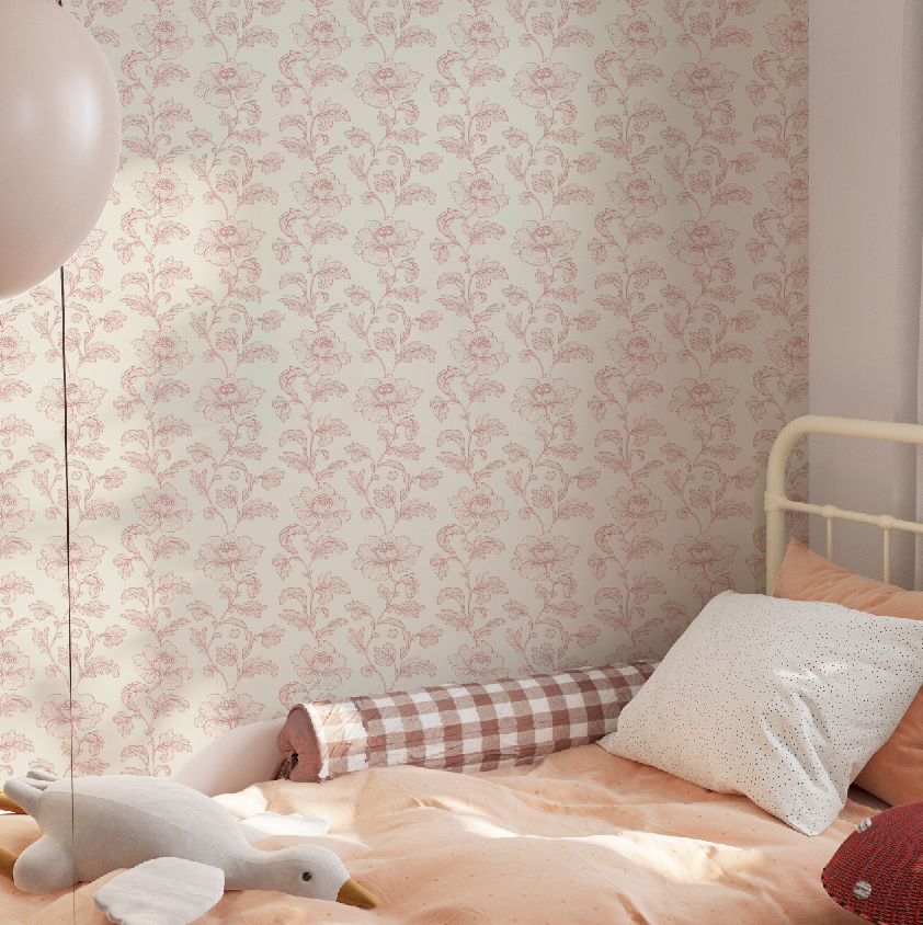 Chinoiserie Pink Flower Peel and Stick Wallpaper Bedroom