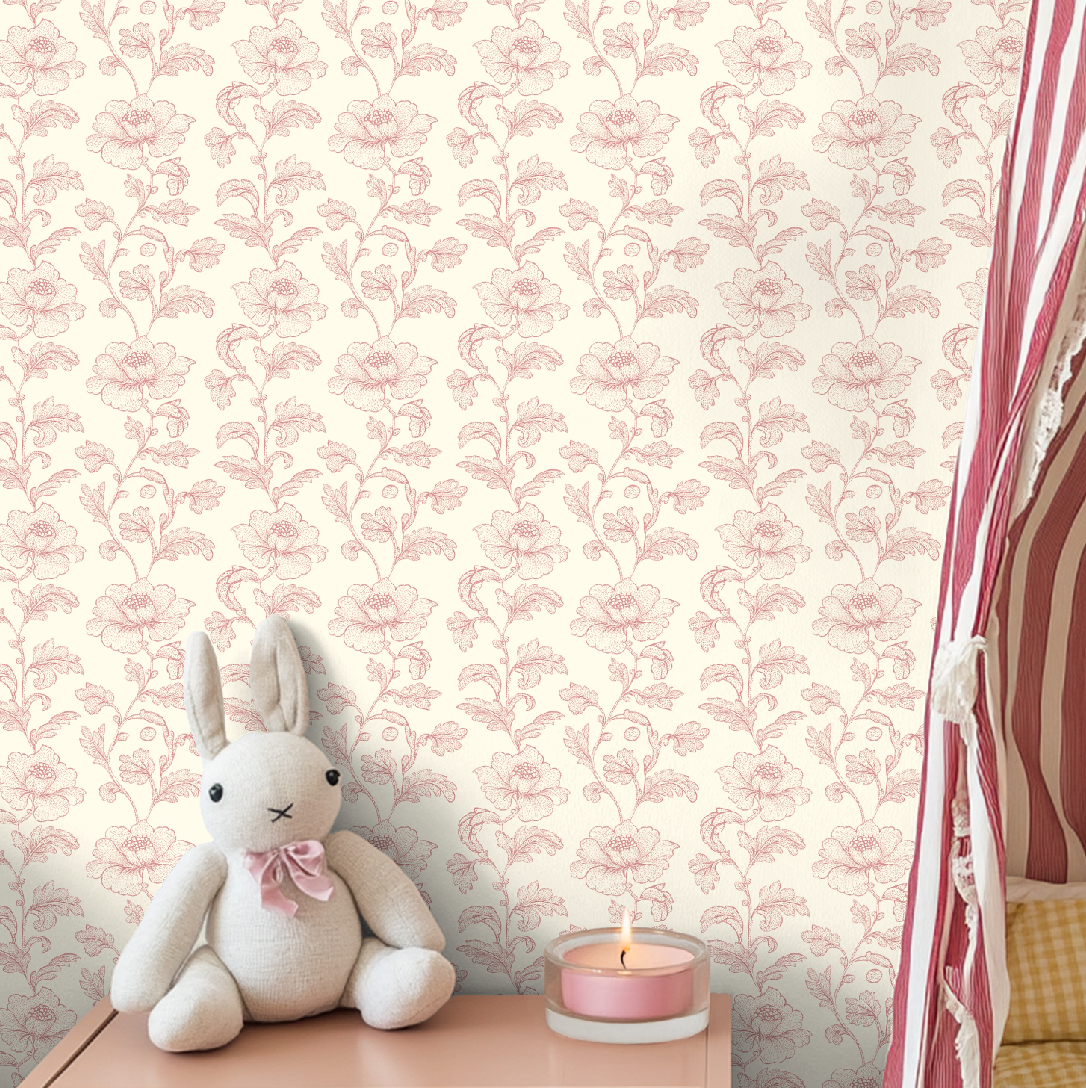 Chinoiserie Pink Flower Peel and Stick Wallpaper Nursery