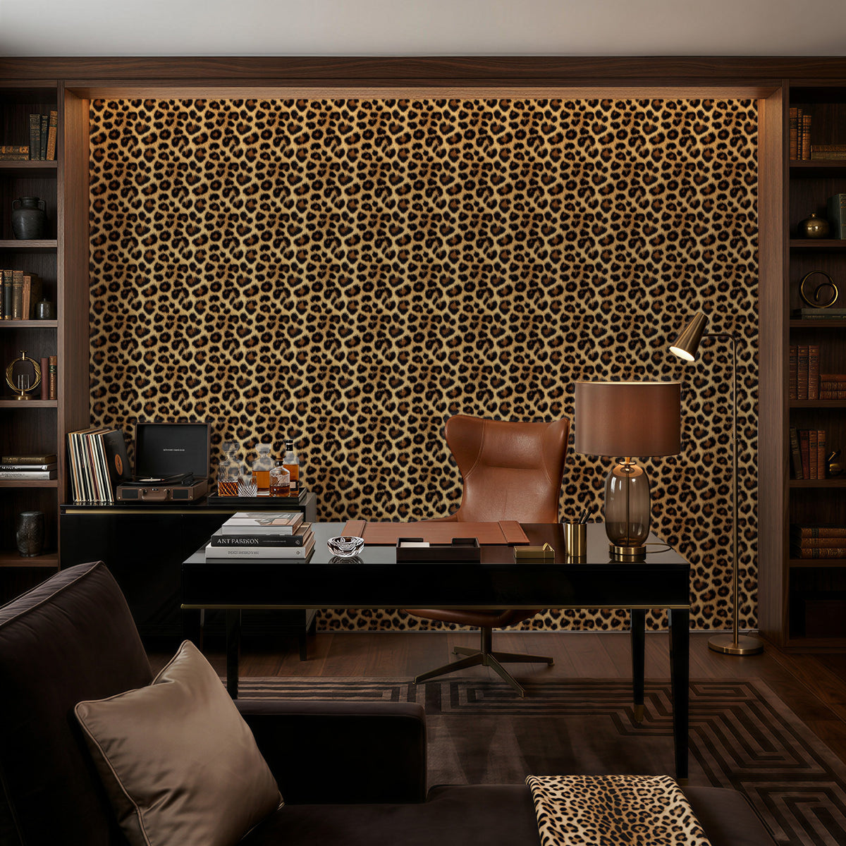 RollsRolla leopard faux fur peel and stick wallpaper home office study