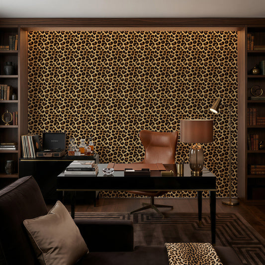 RollsRolla leopard faux fur peel and stick wallpaper home office study