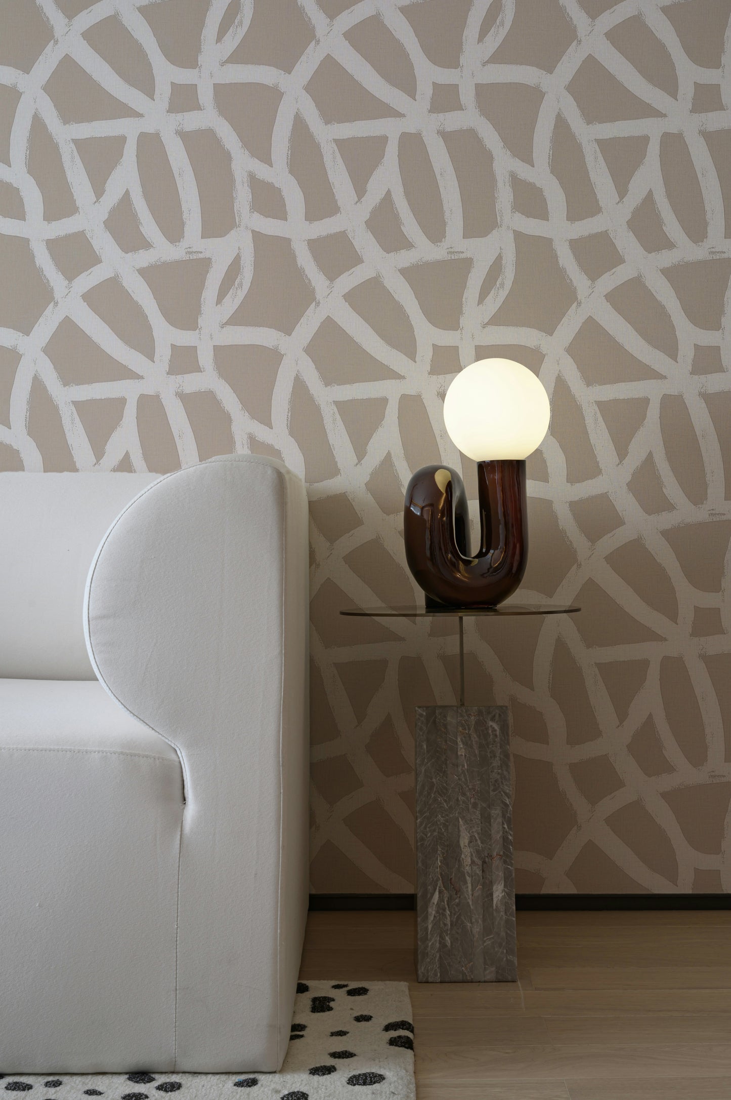 Beige White Abstract Lines Peel and Stick Wallpaper Living Room