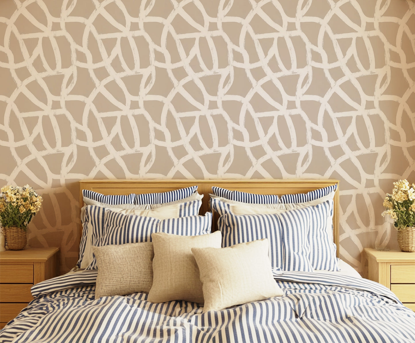 Beige White Abstract Lines Peel and Stick Wallpaper Bedroom