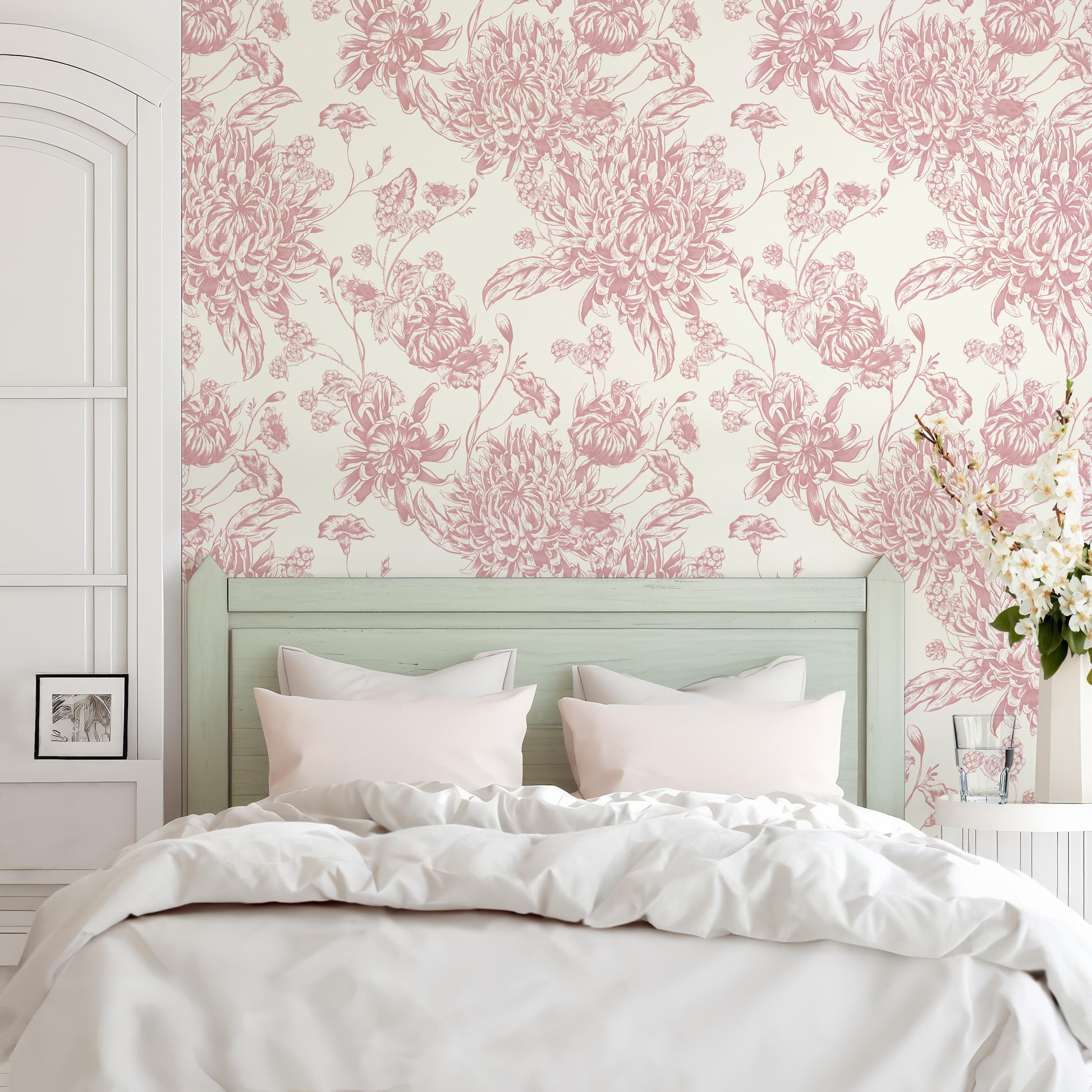 Pink toile pattern removable wallpaper