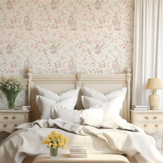 pink and white chinoiserie wallpaper