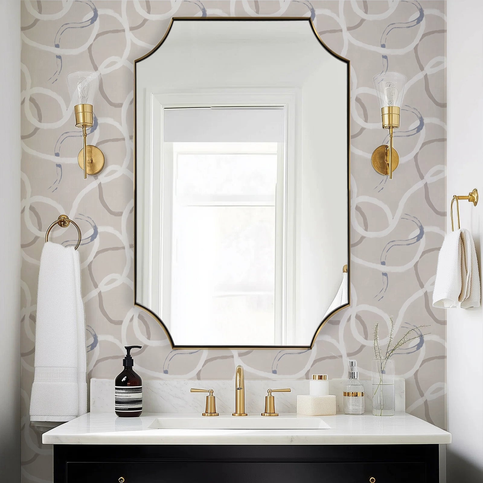 Beige White and Brown Geometric Peel and Stick Wallpaper Bathroom
