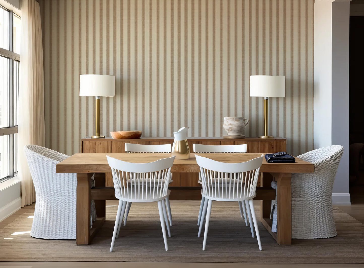 beige linen stripe wallpaper on modern simple interior styled office