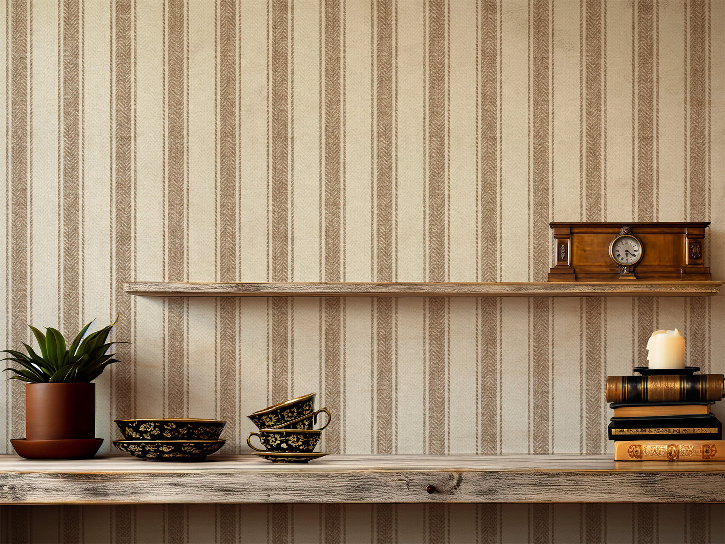 beige linen stripe wallpaper on vintage classic interior style