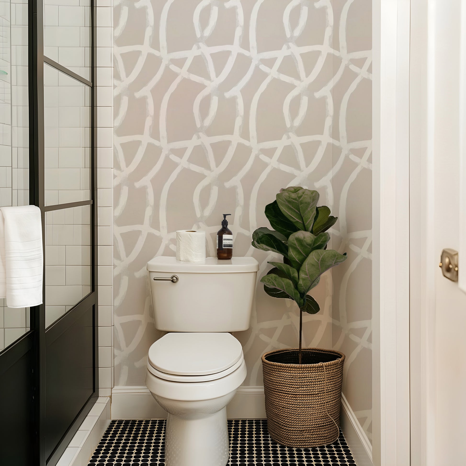 Beige White and Grey Geometric Peel and Stick Wallpaper Bathroom