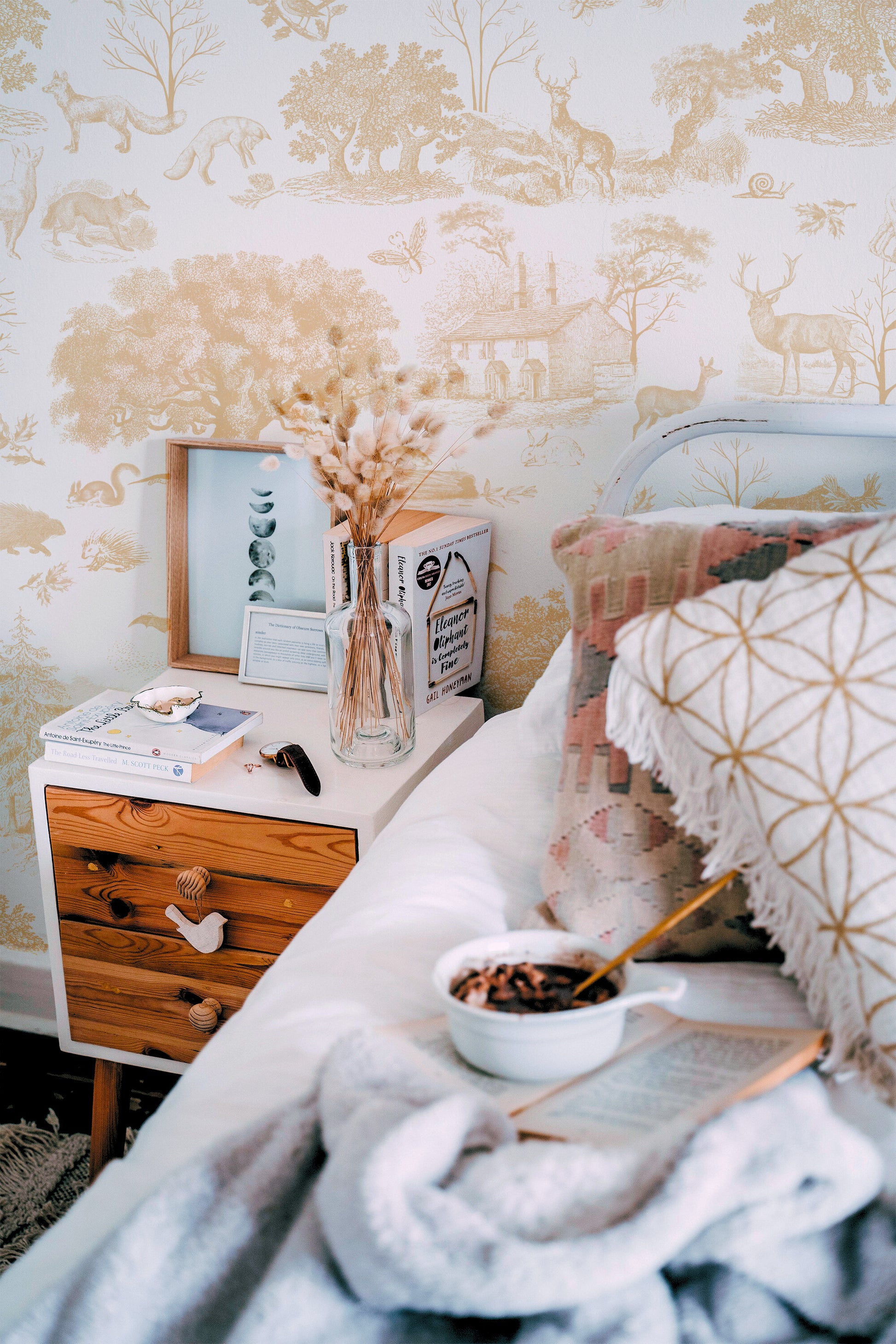 Beige Woodland peel and stick wallpaper bedside image in US | RollsRolla