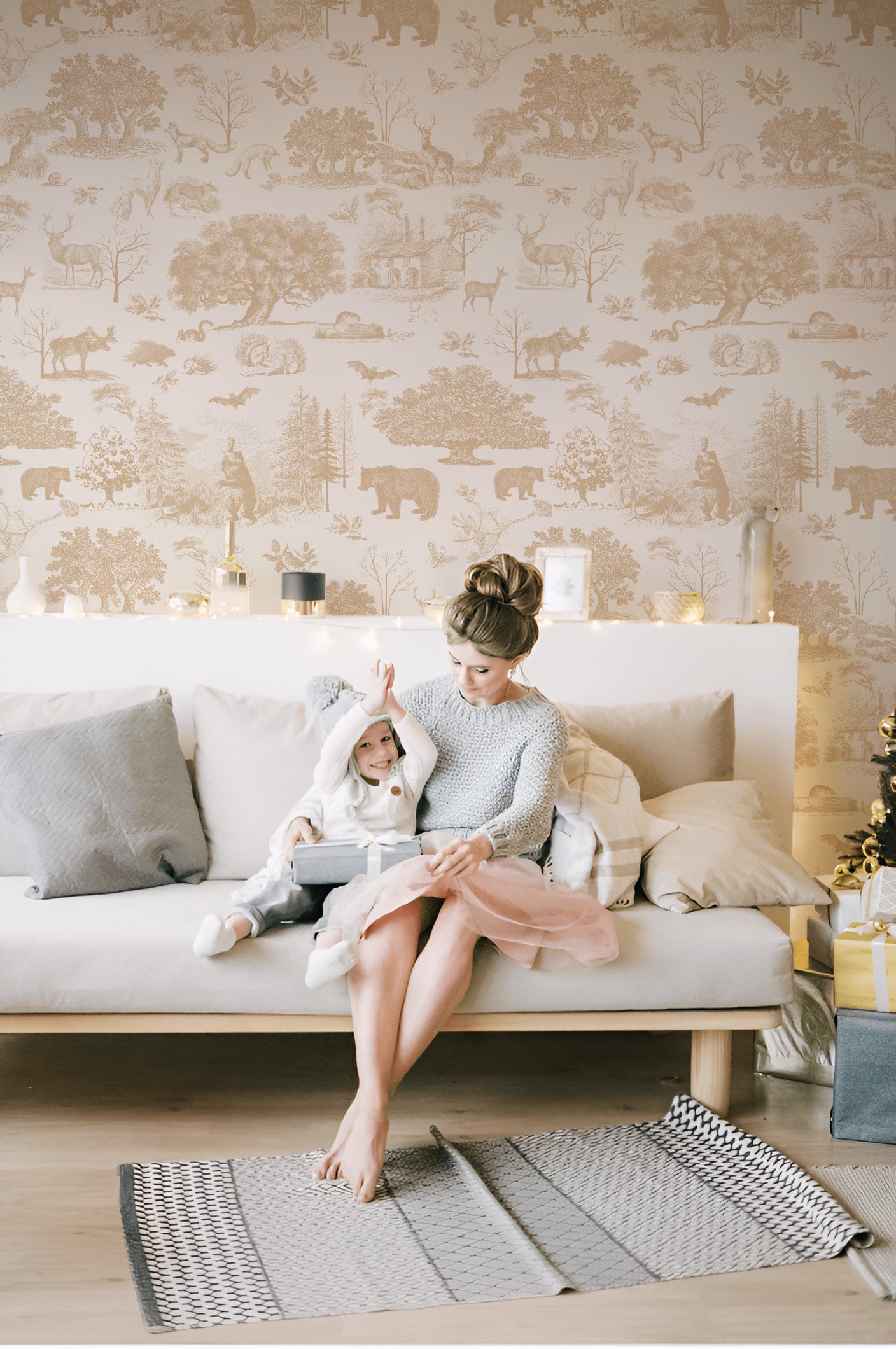 Happy mother and daughter in a room with Beige Woodland peel and stick wallpaper in US | RollsRolla
