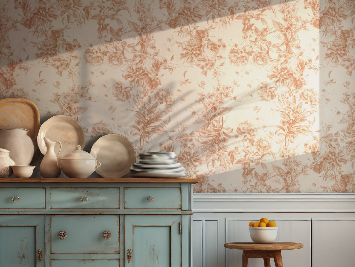 Beige Toile Peel and Stick Wallpaper French Country Style Vintage Floral