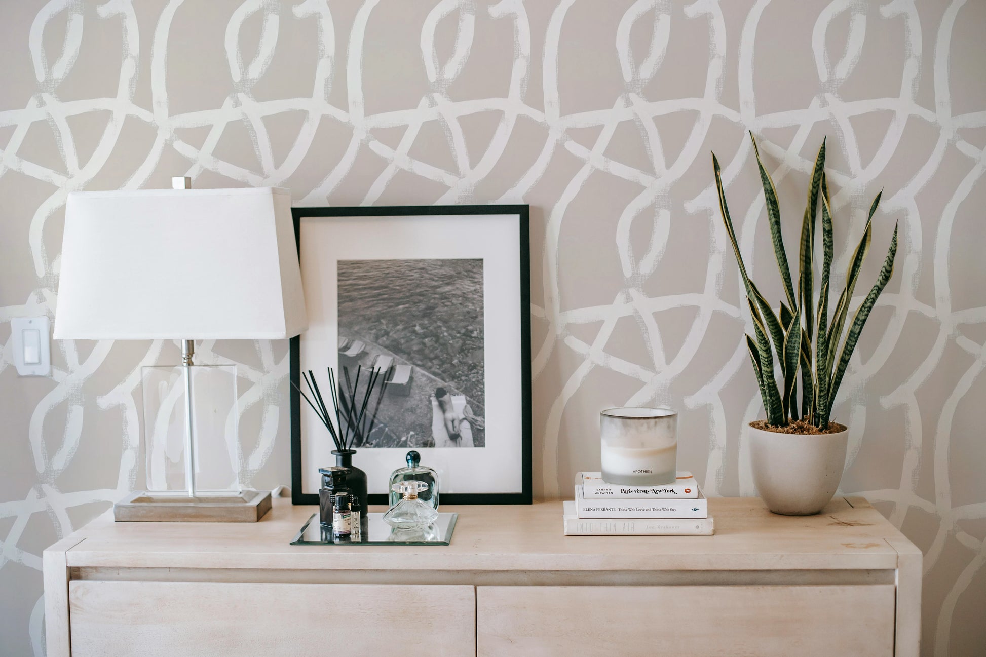 Beige White and Grey Geometric Peel and Stick Wallpaper Living Room