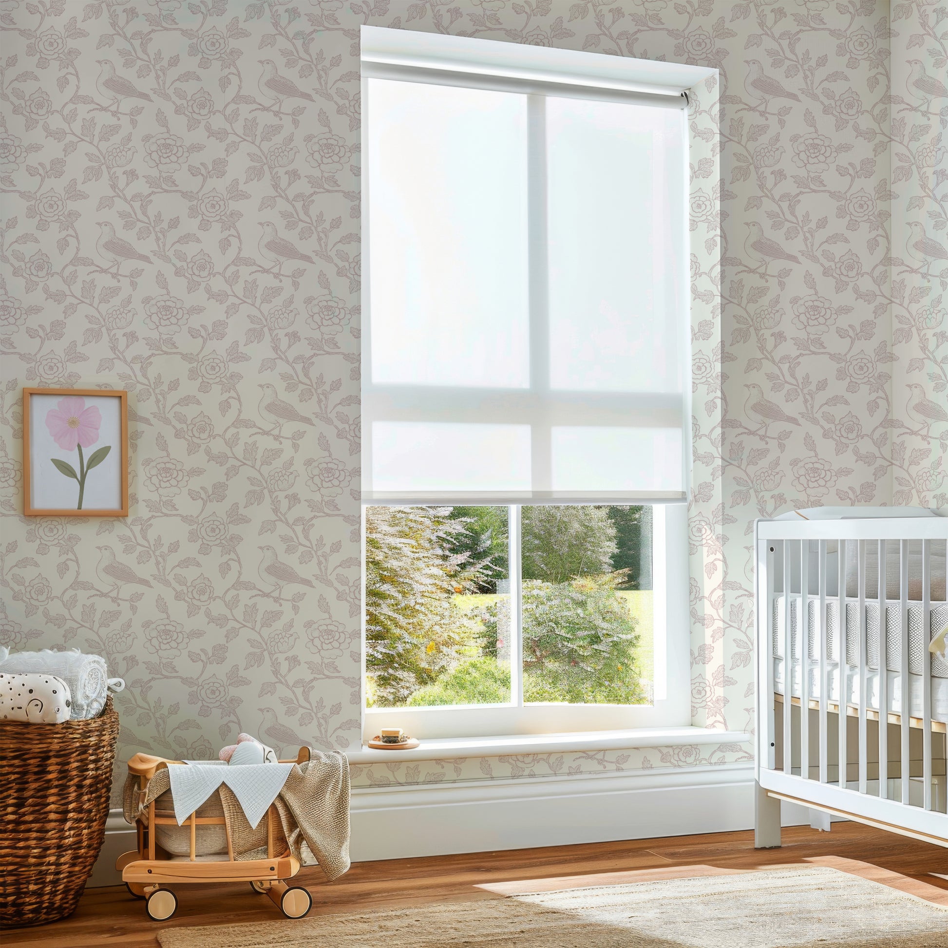 Pink Bird and Floral Peel and Stick Wallpaper Nursery