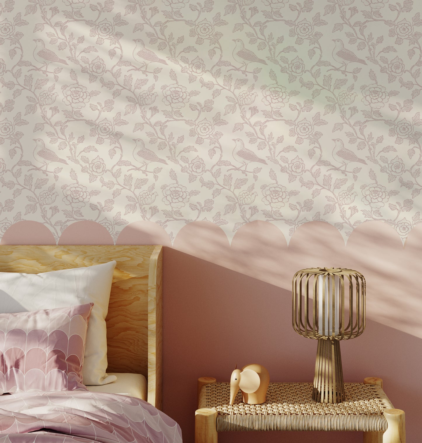 Pink Bird and Floral Peel and Stick Wallpaper Bedroom