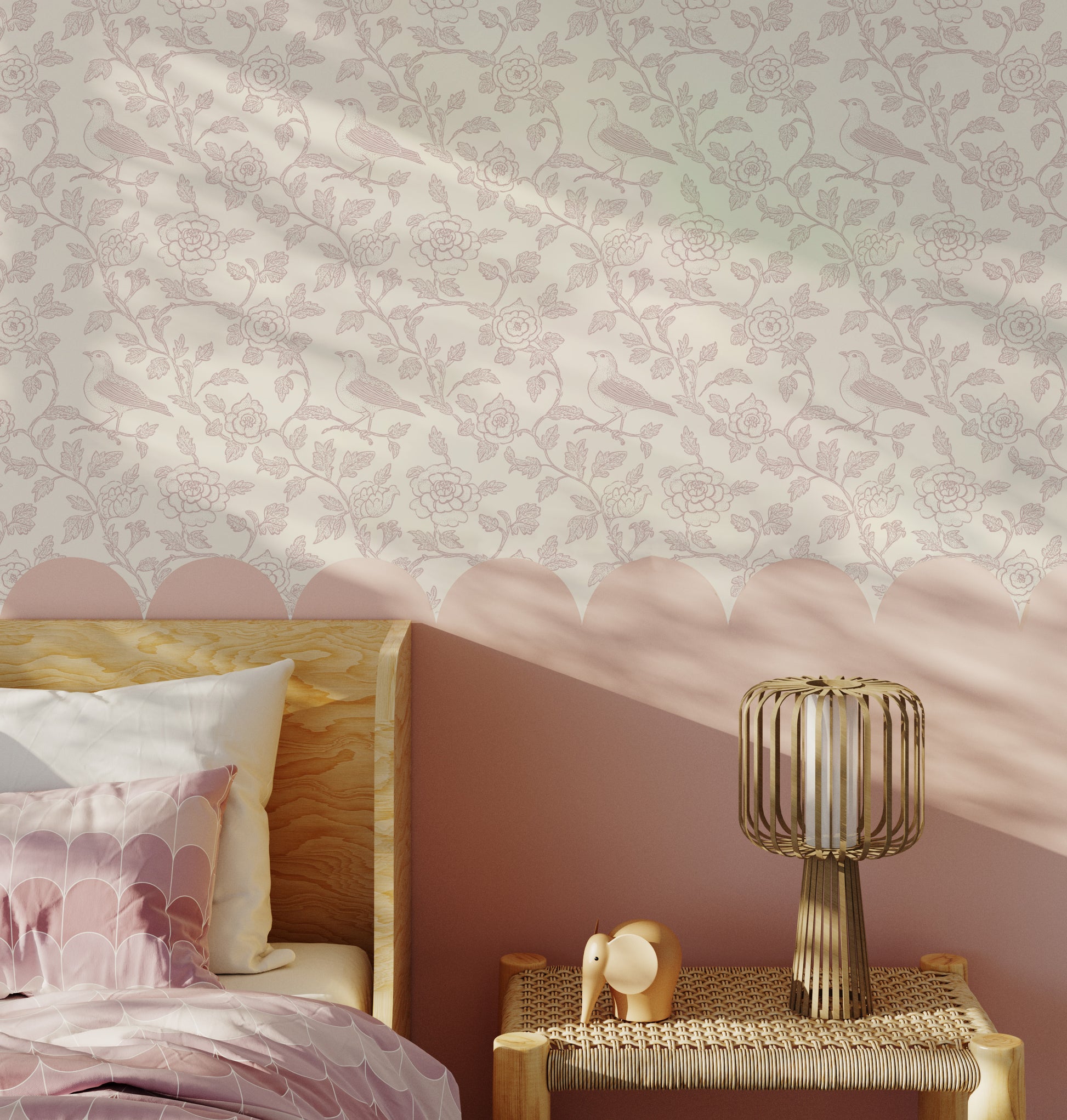 Pink Bird and Floral Peel and Stick Wallpaper Bedroom